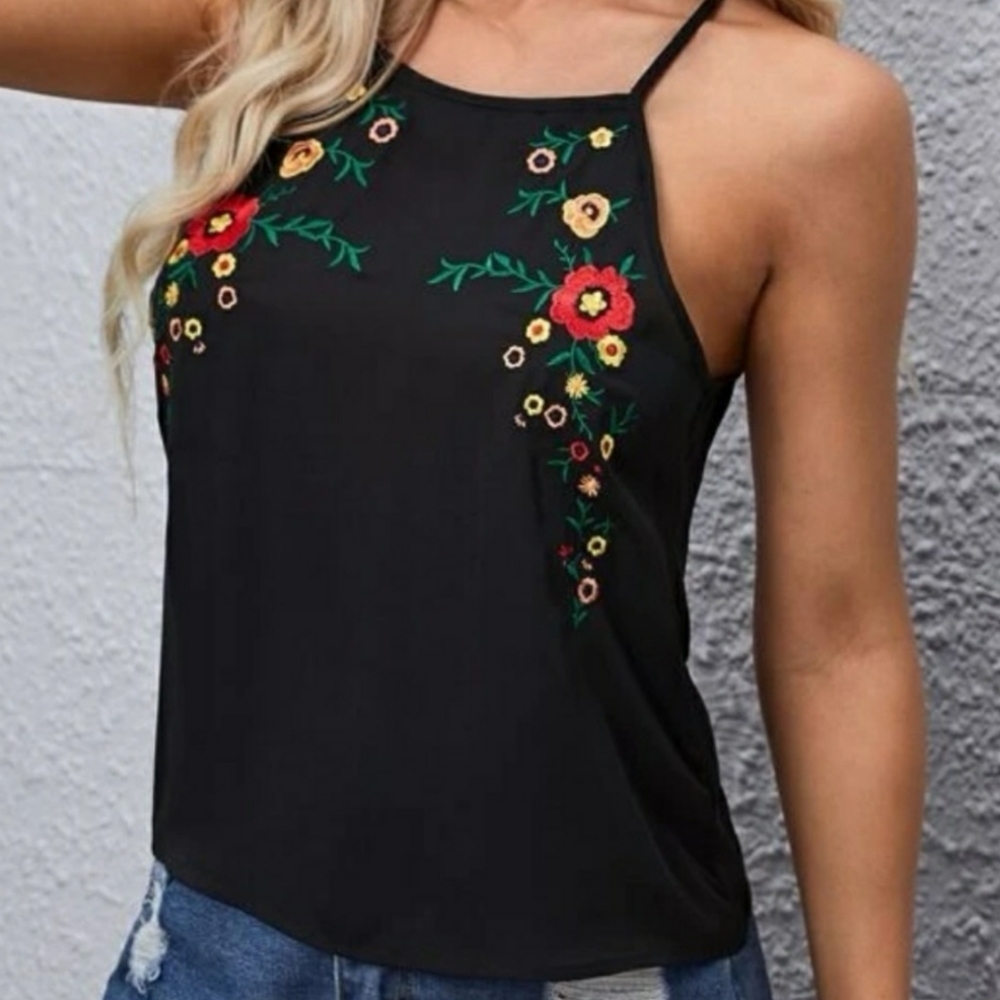 ETCYY Black High Neck Strappy Floral Embroidered Tank Top Size M